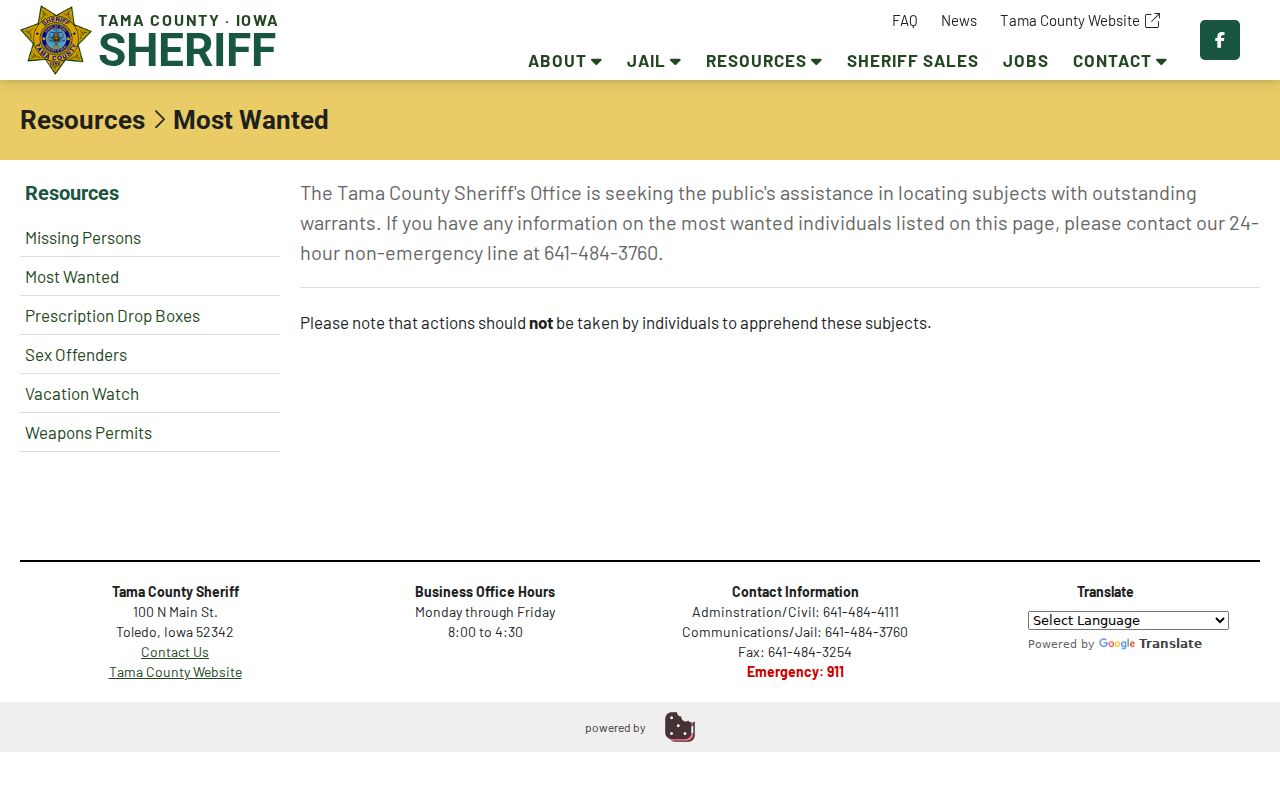 Tama County arrest warrant and most wanted information