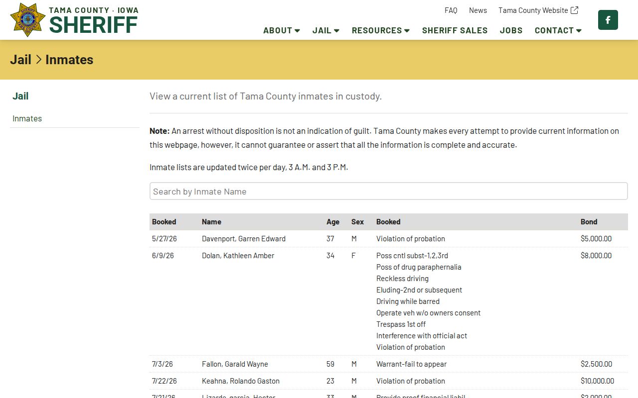 Tama County arrest booking roster and inmate name filter