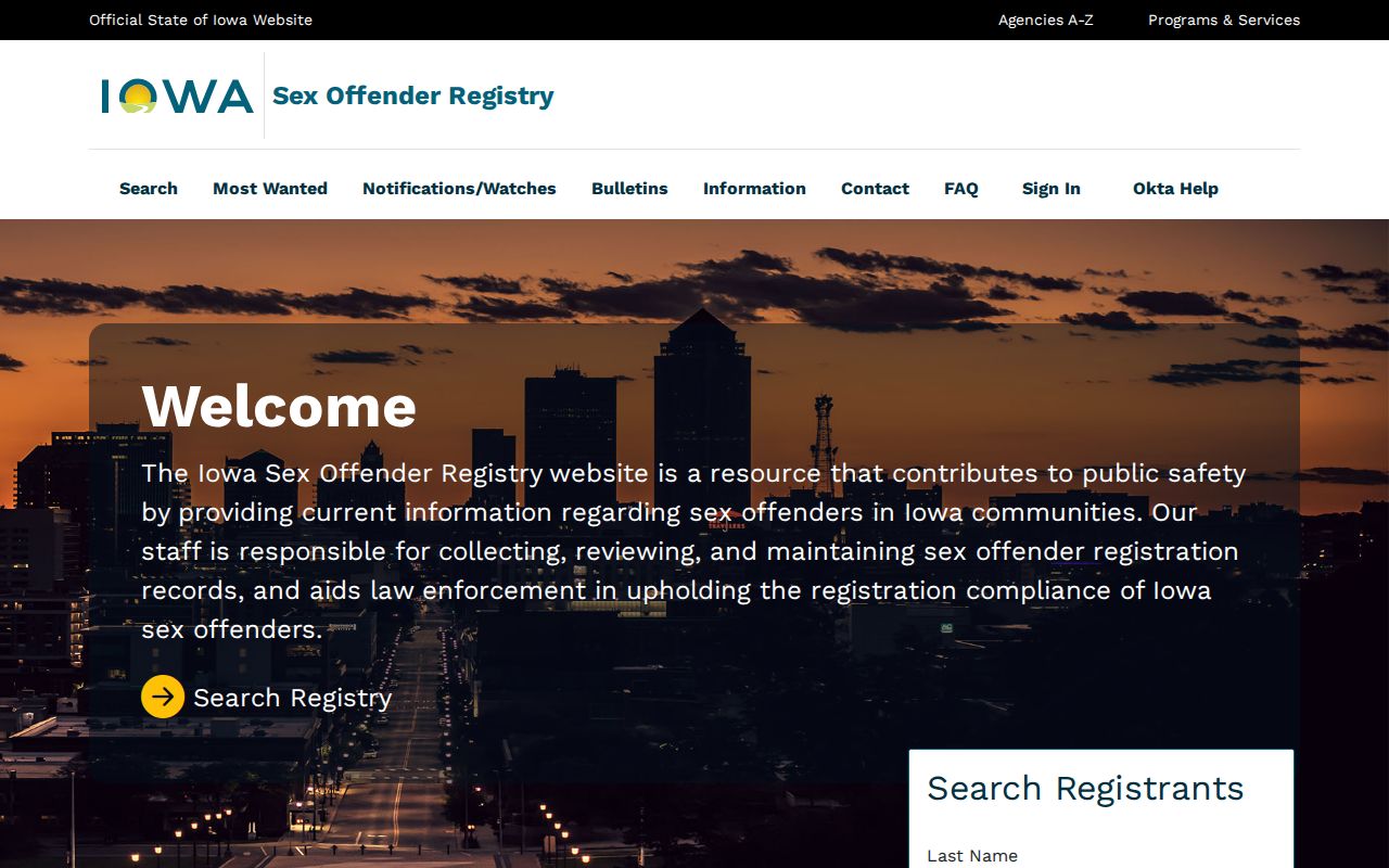 Official Iowa registry interface for a Tama County sex offender search